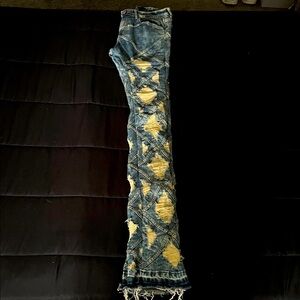 Trendy Blue Distressed Flare Jeans